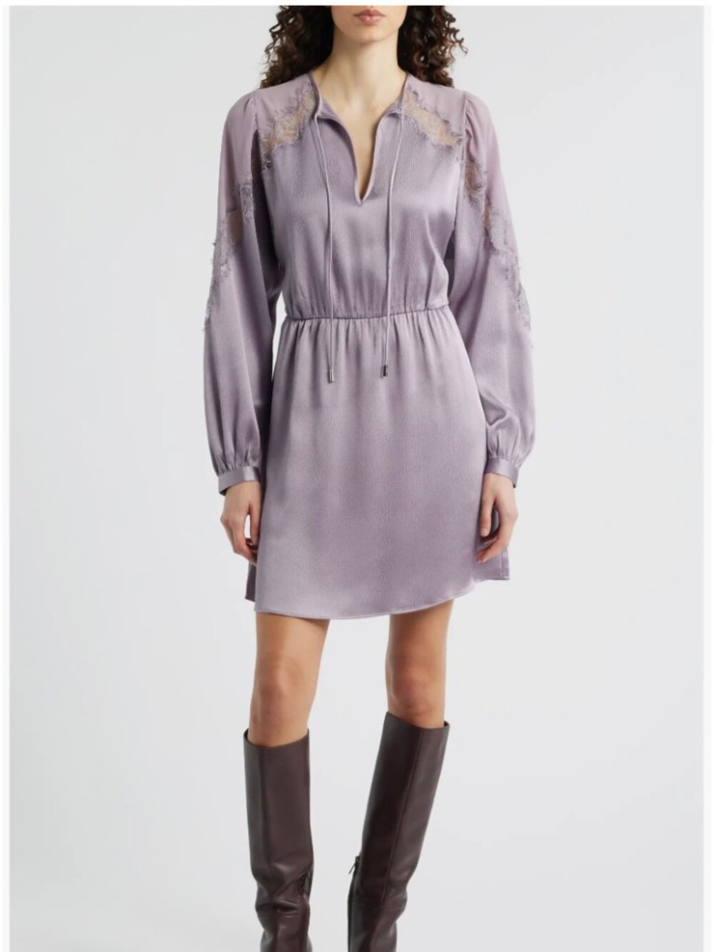 BOSS Dlassys Long Sleeve Satin & Lace Classic Dress Light Pastel Purple Sz.12